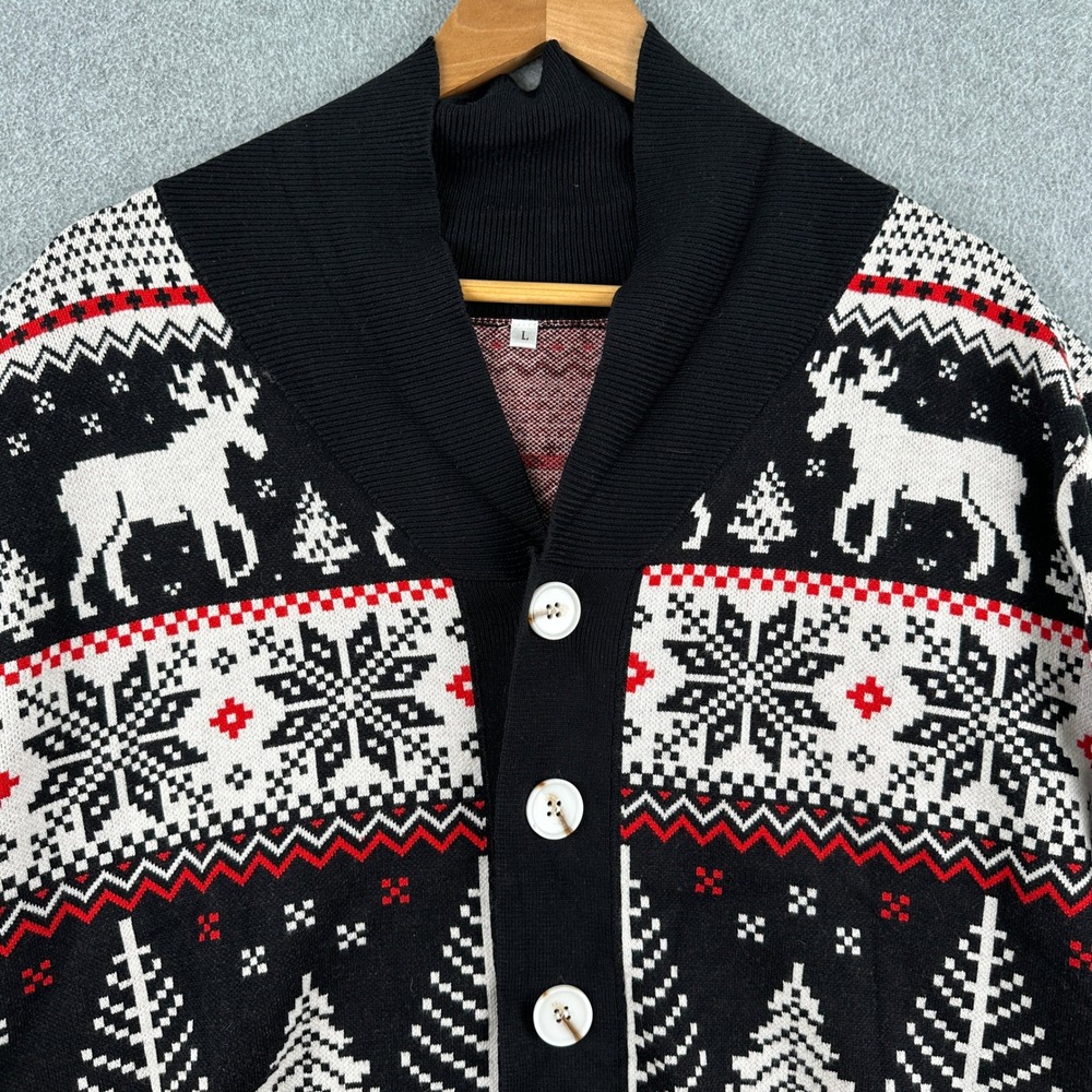 Sweater Men L Black Christmas Reindeer‎ Fair Isle Shawl Cardigan Rayon